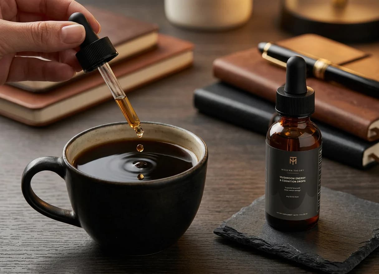 Modern Theory dropper dosing into coffee beside the bottle