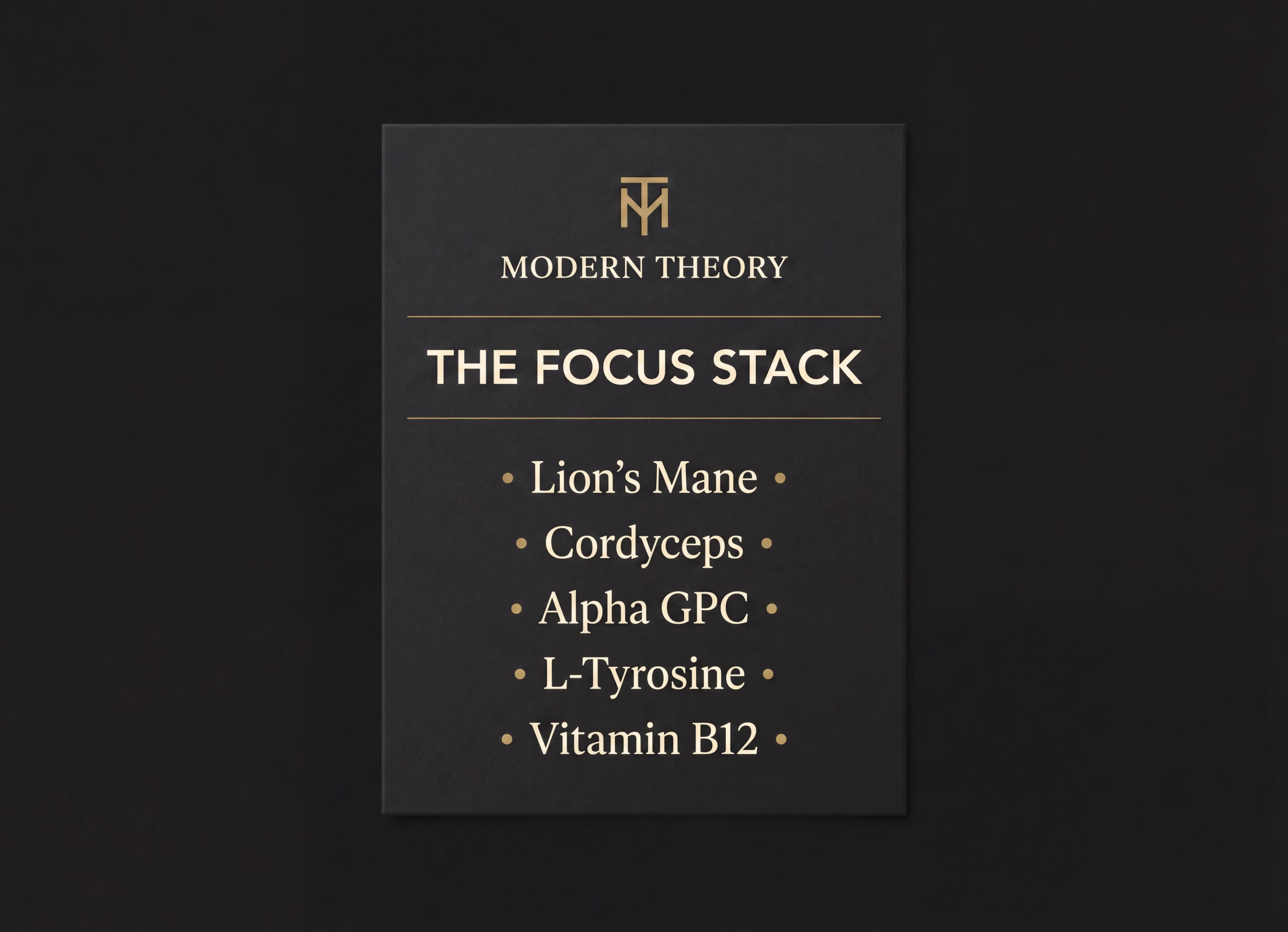 Modern Theory focus stack listing Lion's Mane, Cordyceps, Alpha GPC, L-Tyrosine, and Vitamin B12