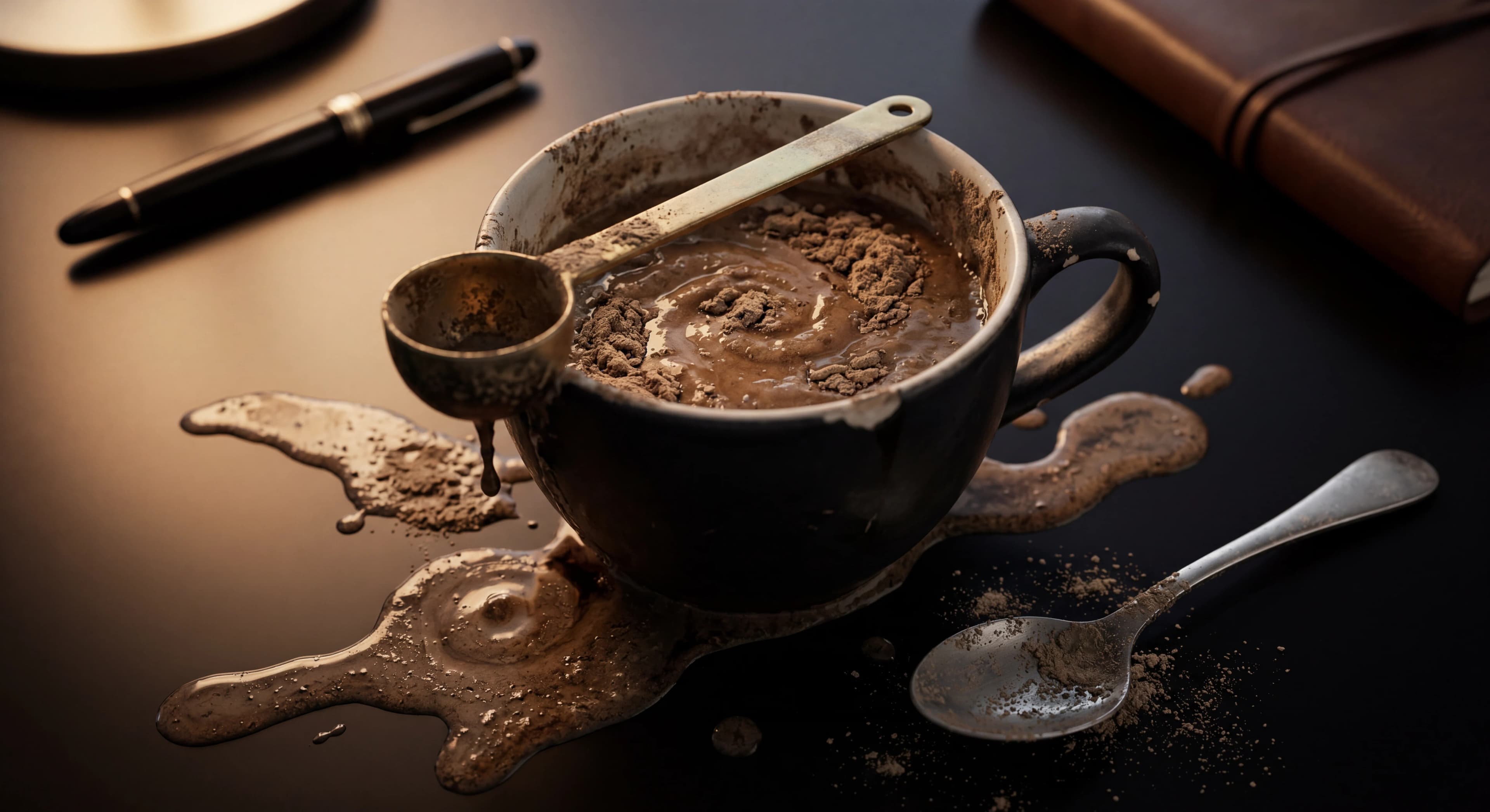 Gritty mushroom powder coffee spilling across a desk