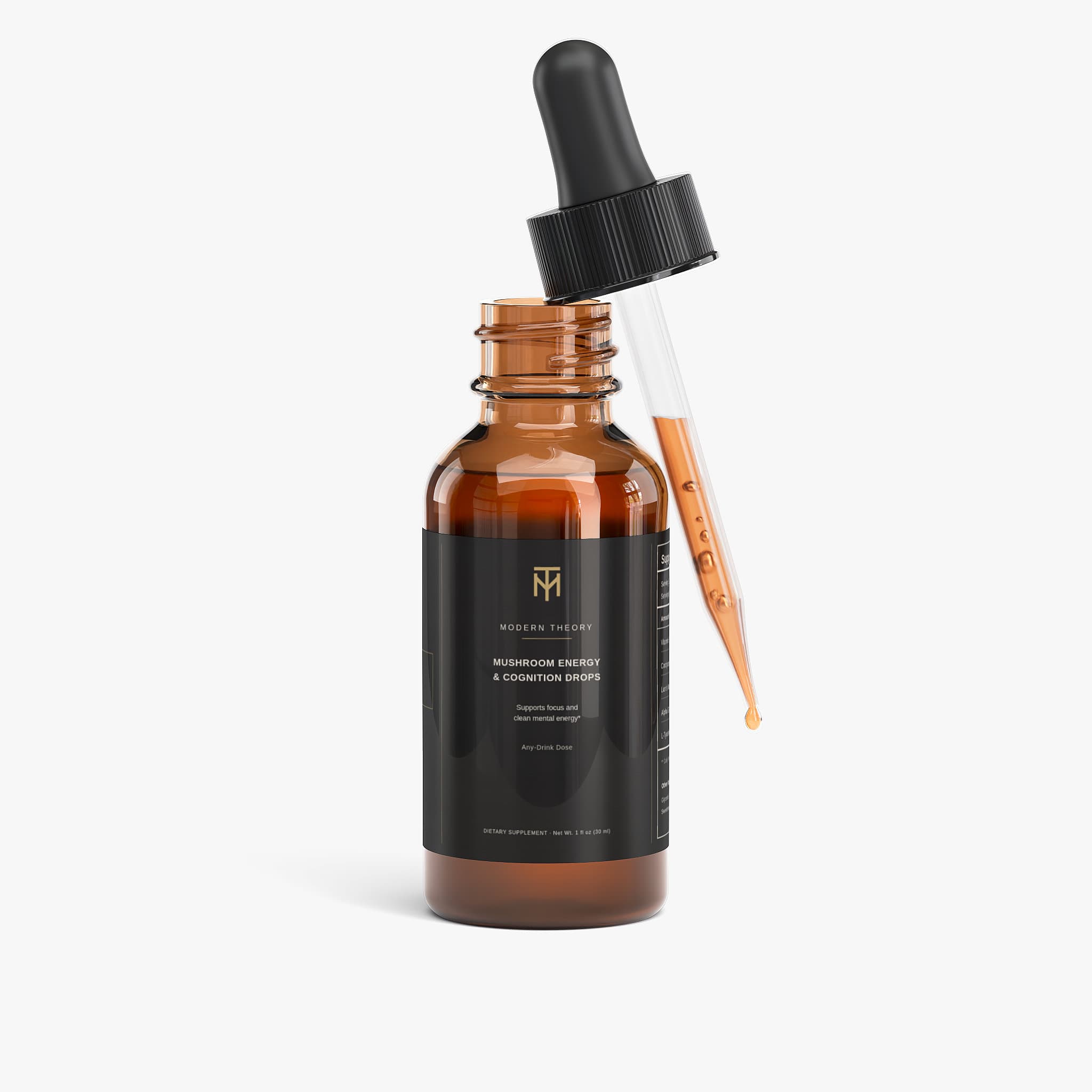 Modern Theory bottle with open dropper and hanging amber drop
