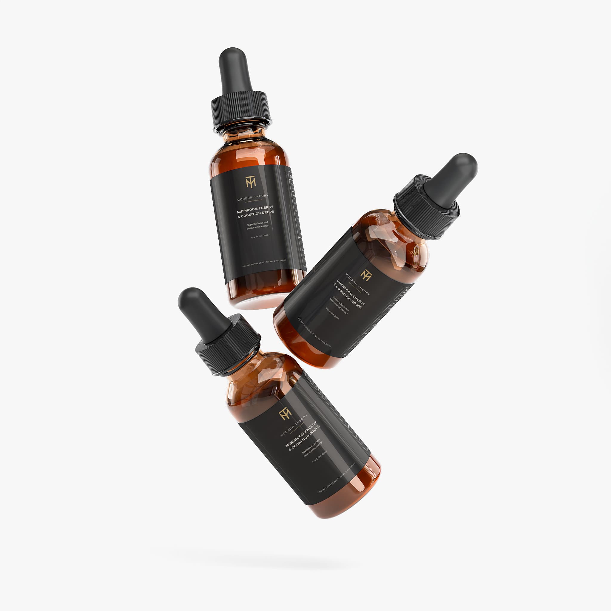Three Modern Theory dropper bottles grouped together