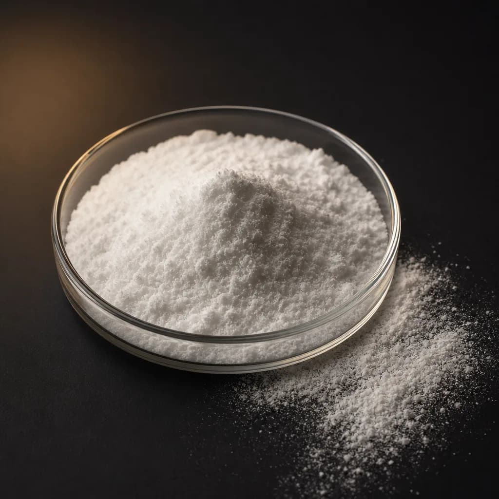 Alpha GPC white crystalline powder in a shallow glass dish