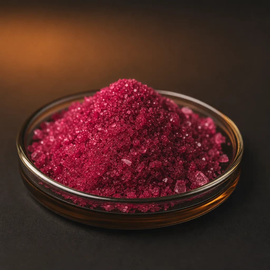Vitamin B12 deep pink crystalline powder on charcoal