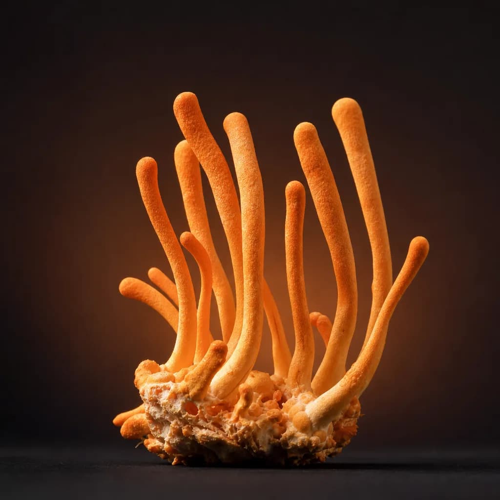 Cordyceps militaris fruiting bodies on a charcoal field