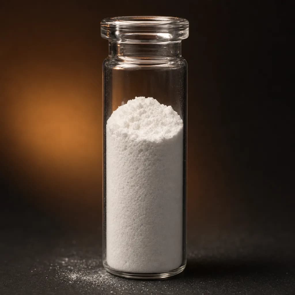 L-Tyrosine white powder in an upright clear glass vial