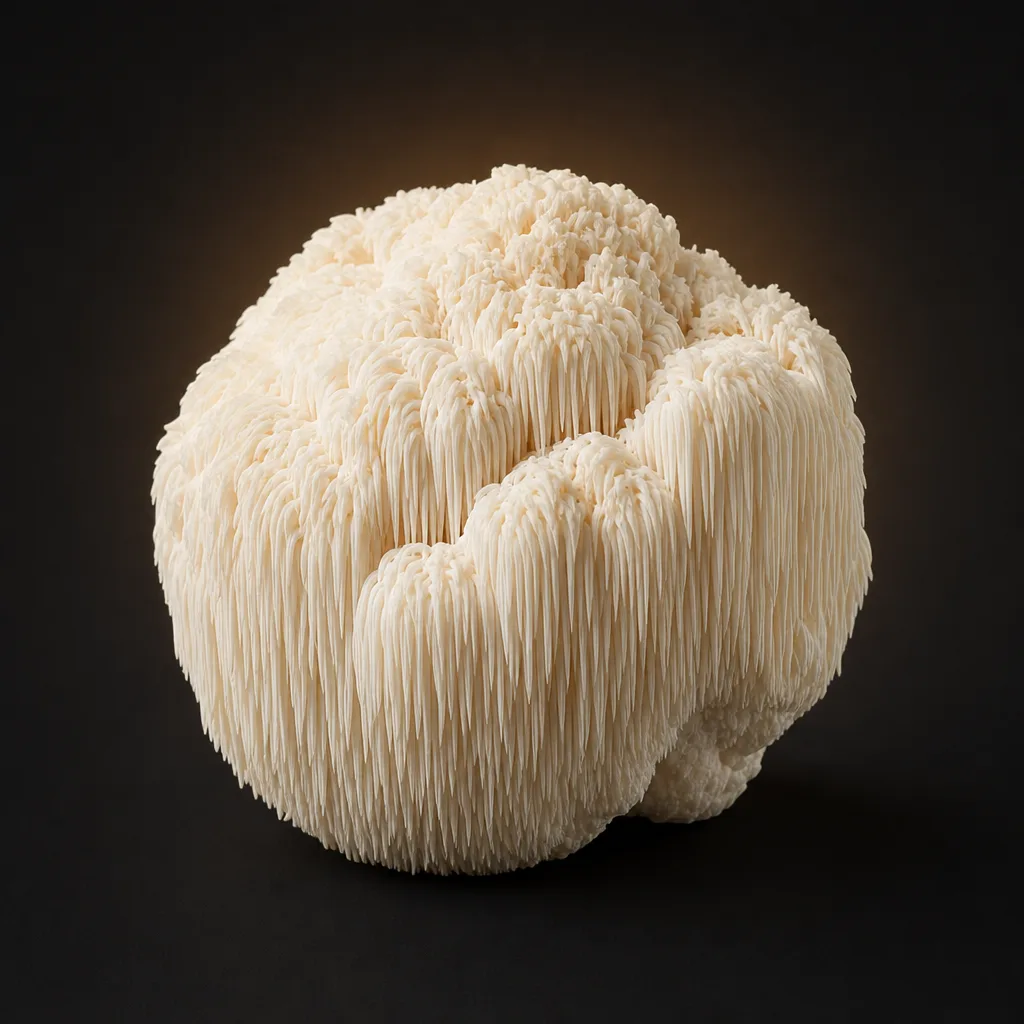Lion's Mane mushroom fruiting body on a charcoal field